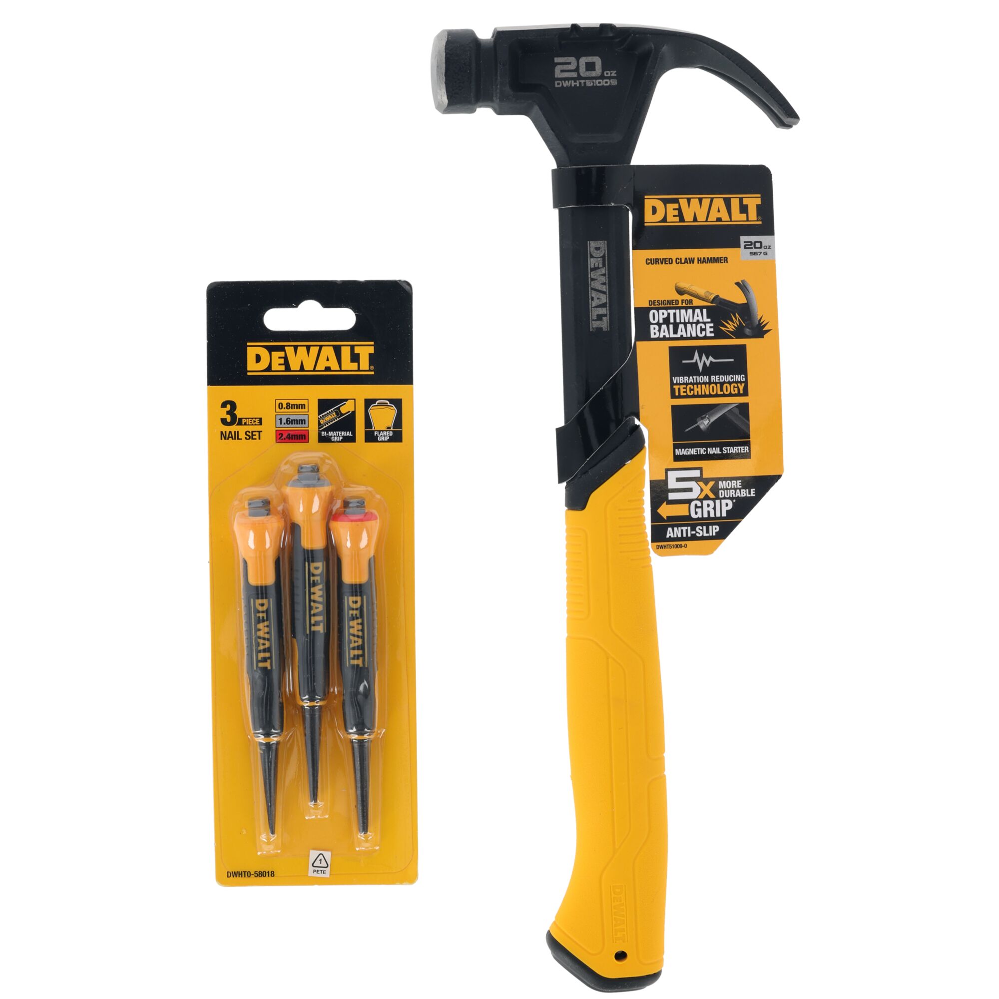 Pildil on DeWalt sõrgvasar koos komplekti naeltega.