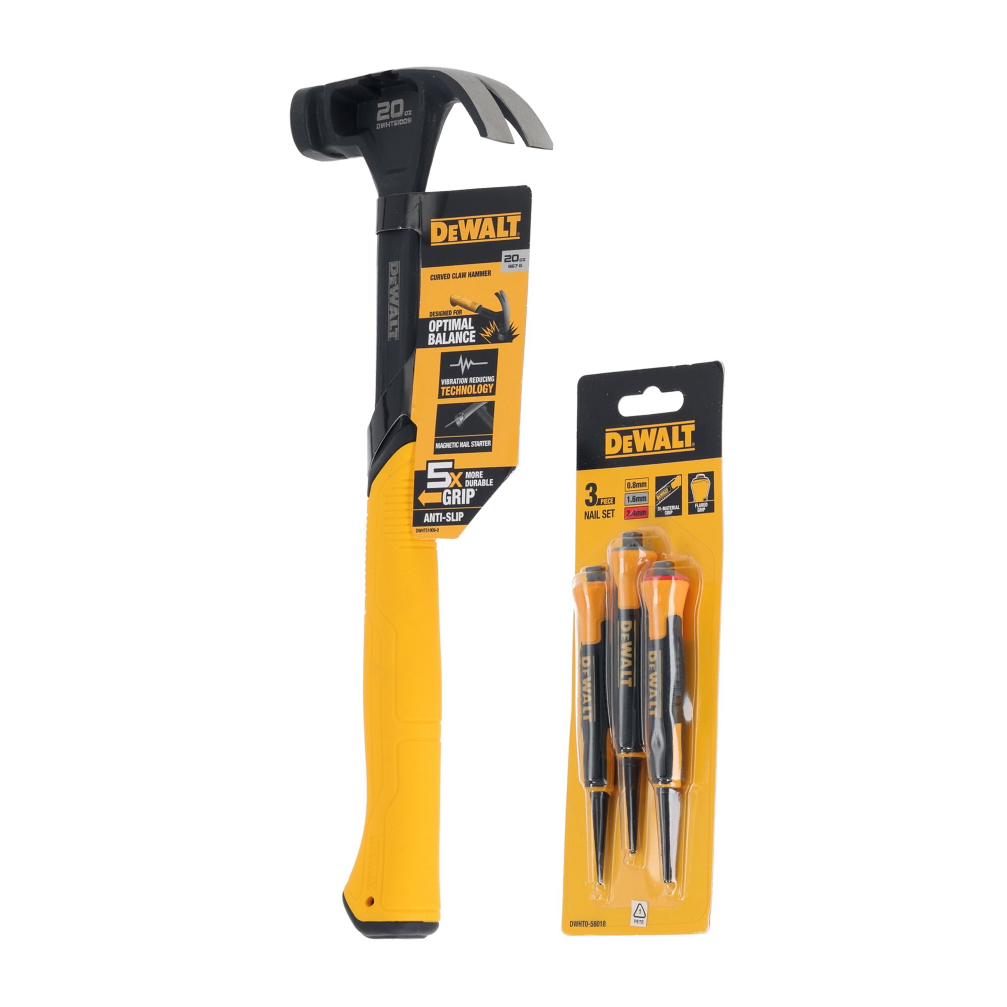 Pildil on DeWalt'i sõrgvasar ja naelakomplekt, mis näitab erinevaid tööriistu, mida saab kasutada ehitustöödel.