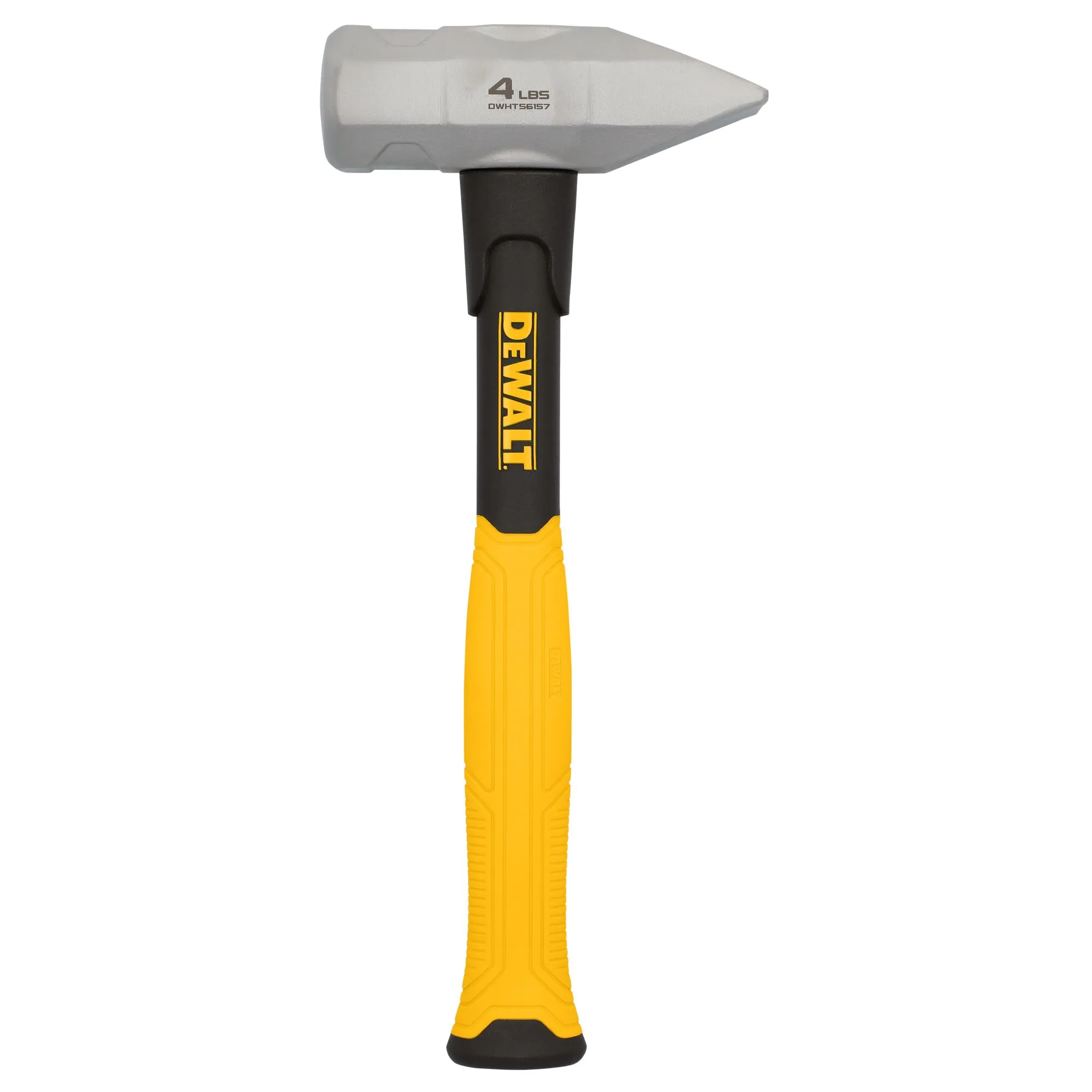 Pildil on näha kollase ja musta värvi DeWalt sepahaamer, mille käepide on klaaskiududest valmistatud ja mille pea kaal on...