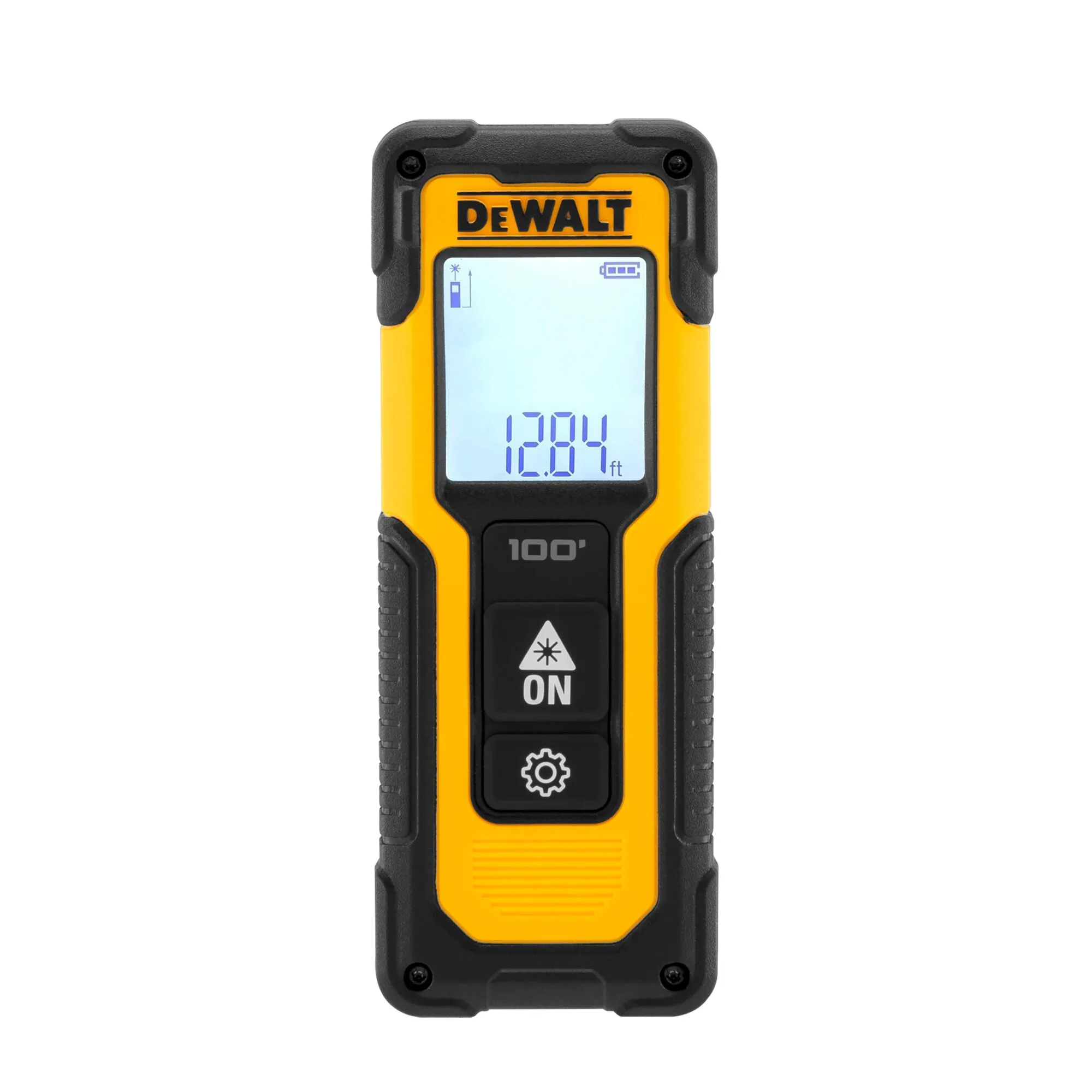 Pildil on DeWalt DWHT77100 laserkaugusmõõtja, mille ekraan näitab mõõtmistulemust ja aku laetust.