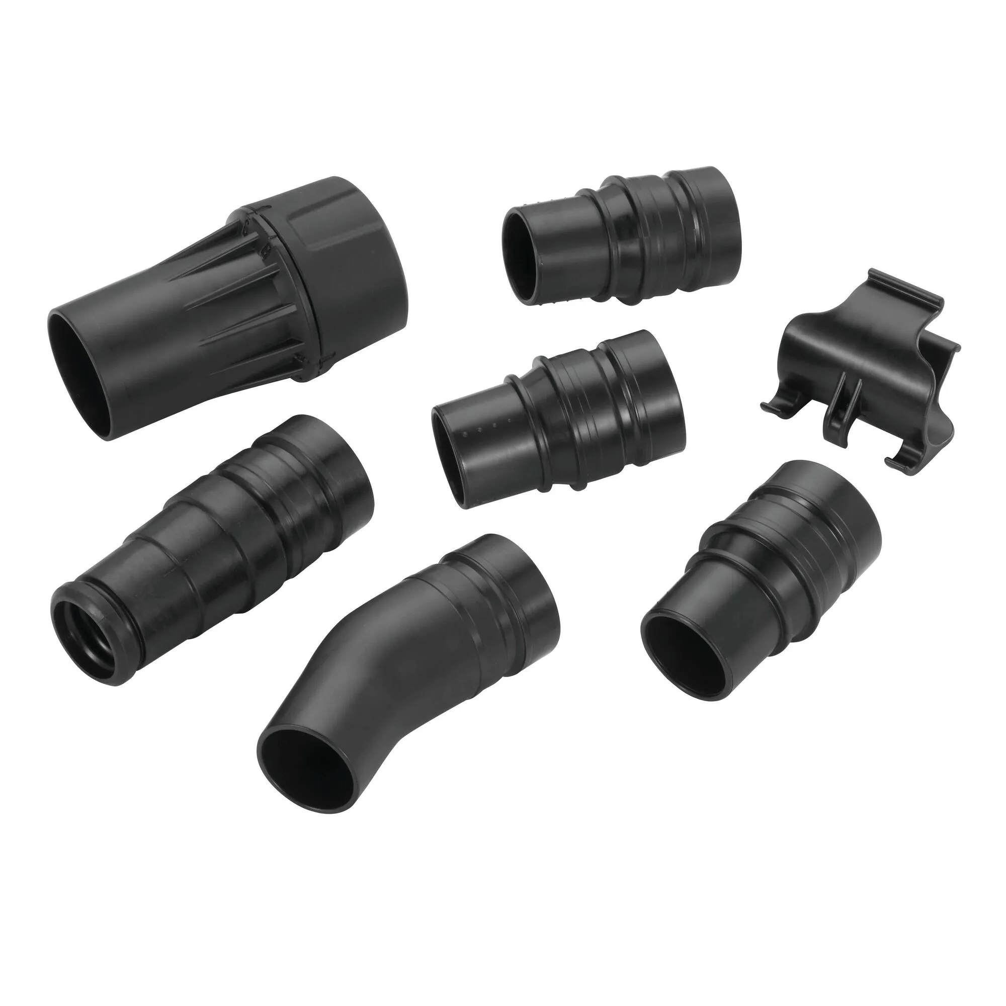 Pildil on näha DeWalt tolmuimeja vooliku adapterite komplekt DWV9220, mis sisaldab erinevaid mustast plastikust ühendustükke.