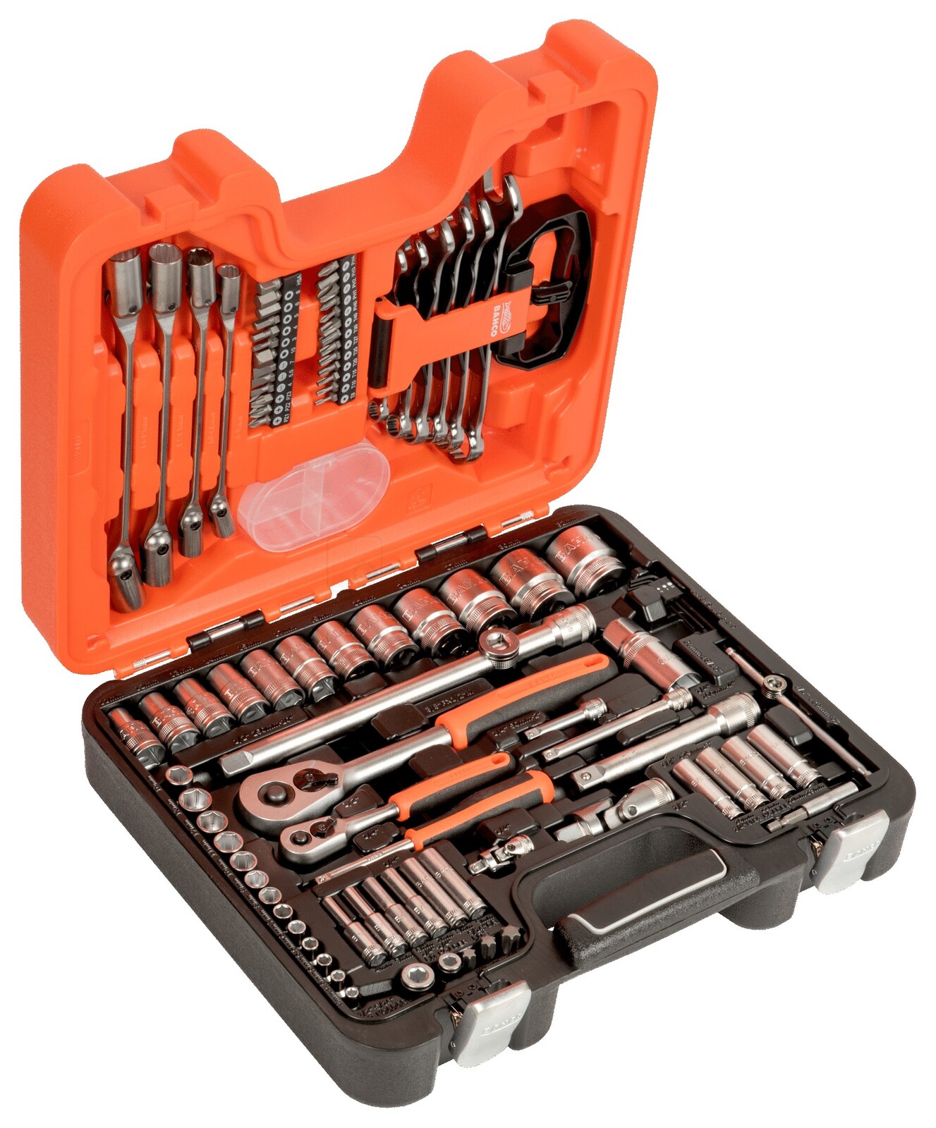 Bahco 1/4" + 1/2" 91 vnt. lizdų, antgalių ir žiedinių-atsuktuvų raktų komplektas