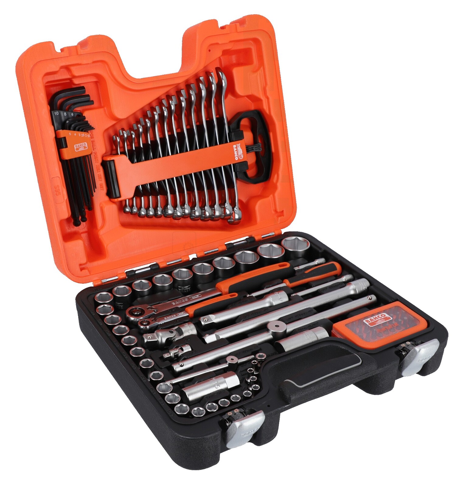 Pildil on näha Bahco 95-osaline 1/4" ja 1/2" padrunite, otsakute ja lehtsilmusvõtmete komplekt.