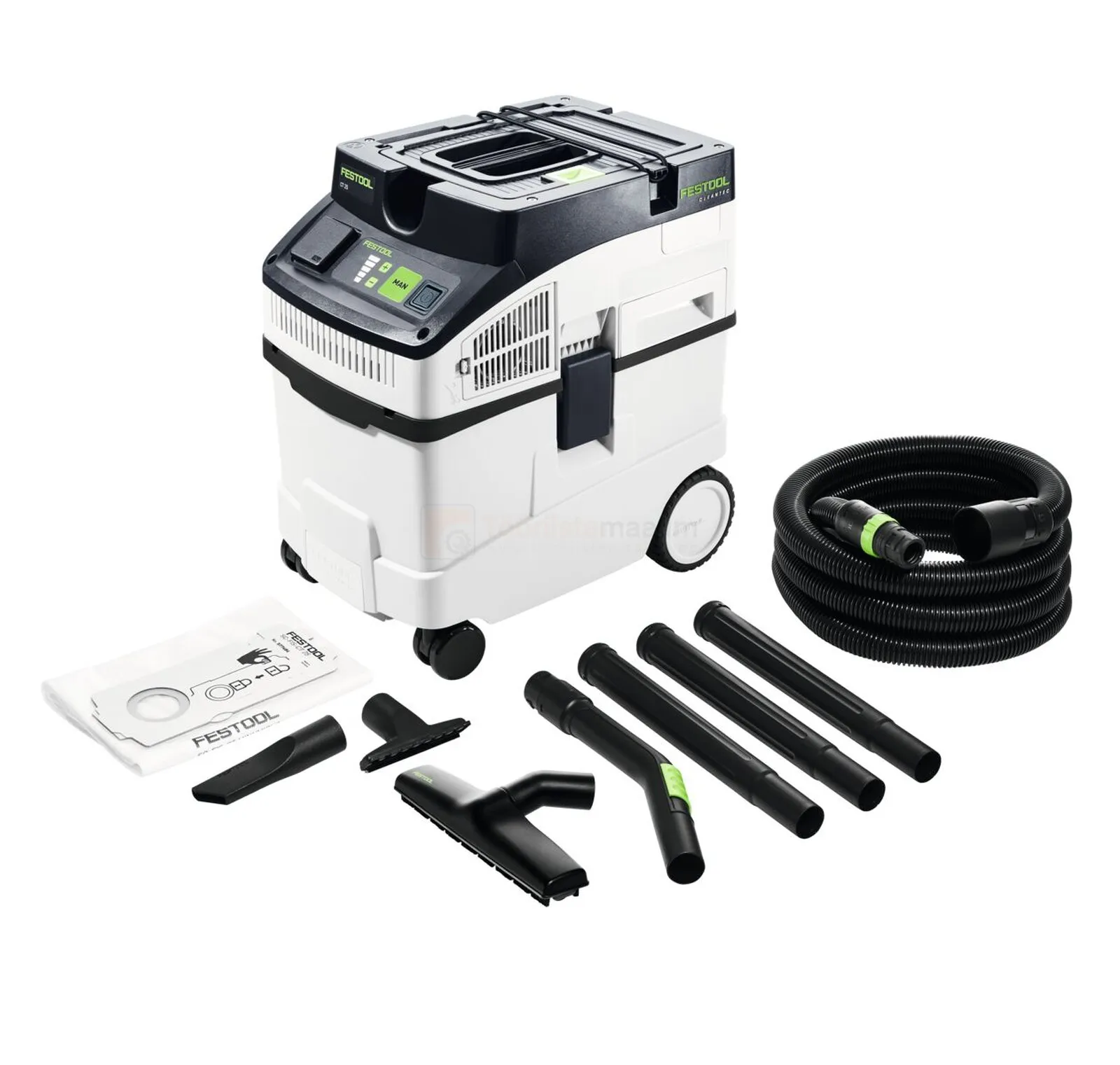 Pildil on näha Festool vee- ja tolmuimeja CT 25 Set koos mitmete tarvikutega, nagu voolikud ja erinevad otsikud.