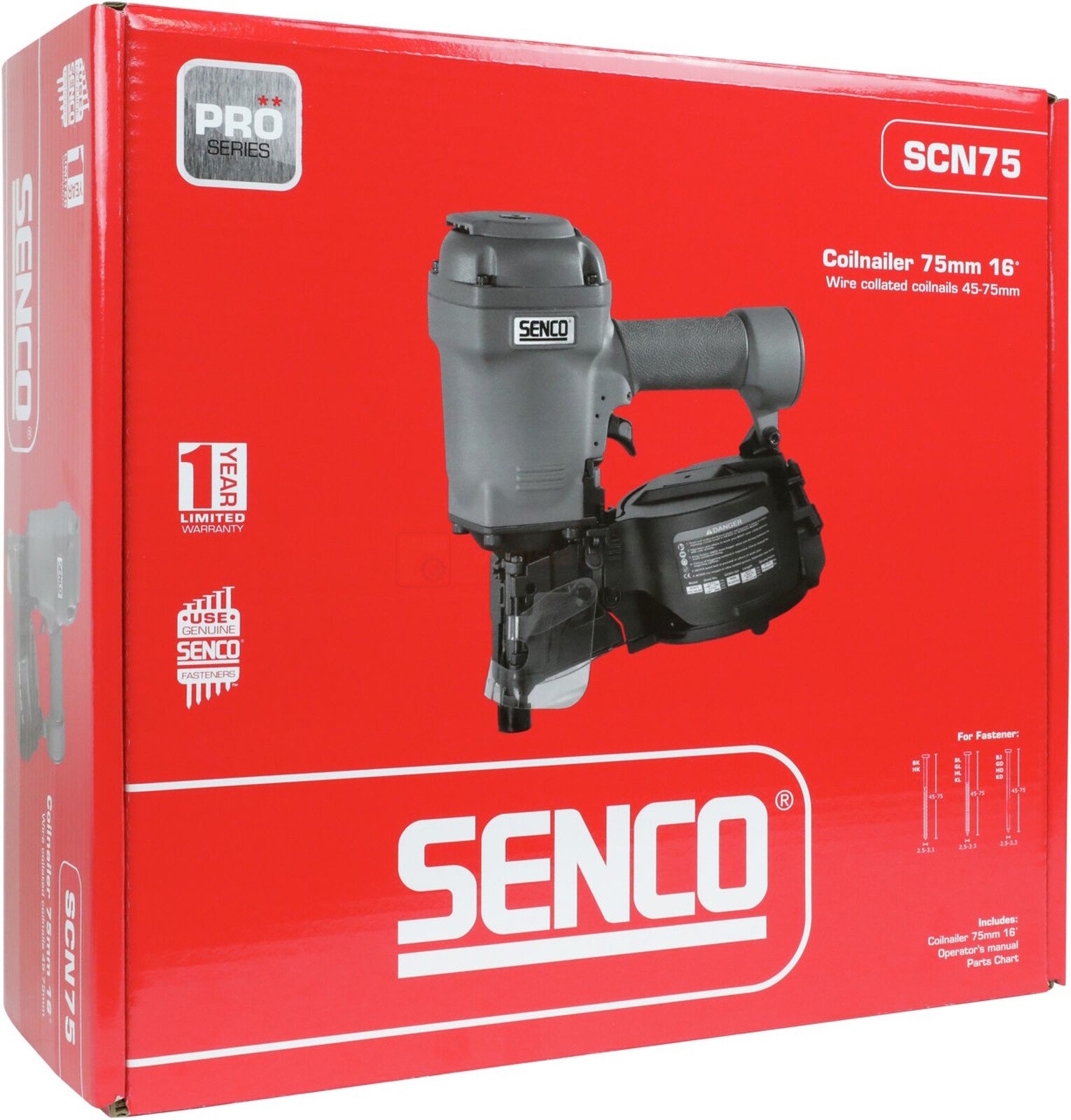 Pildil on punases karbis SENCO rullnaelapüstol SCN75, mis on mõeldud 75 mm naelte jaoks.