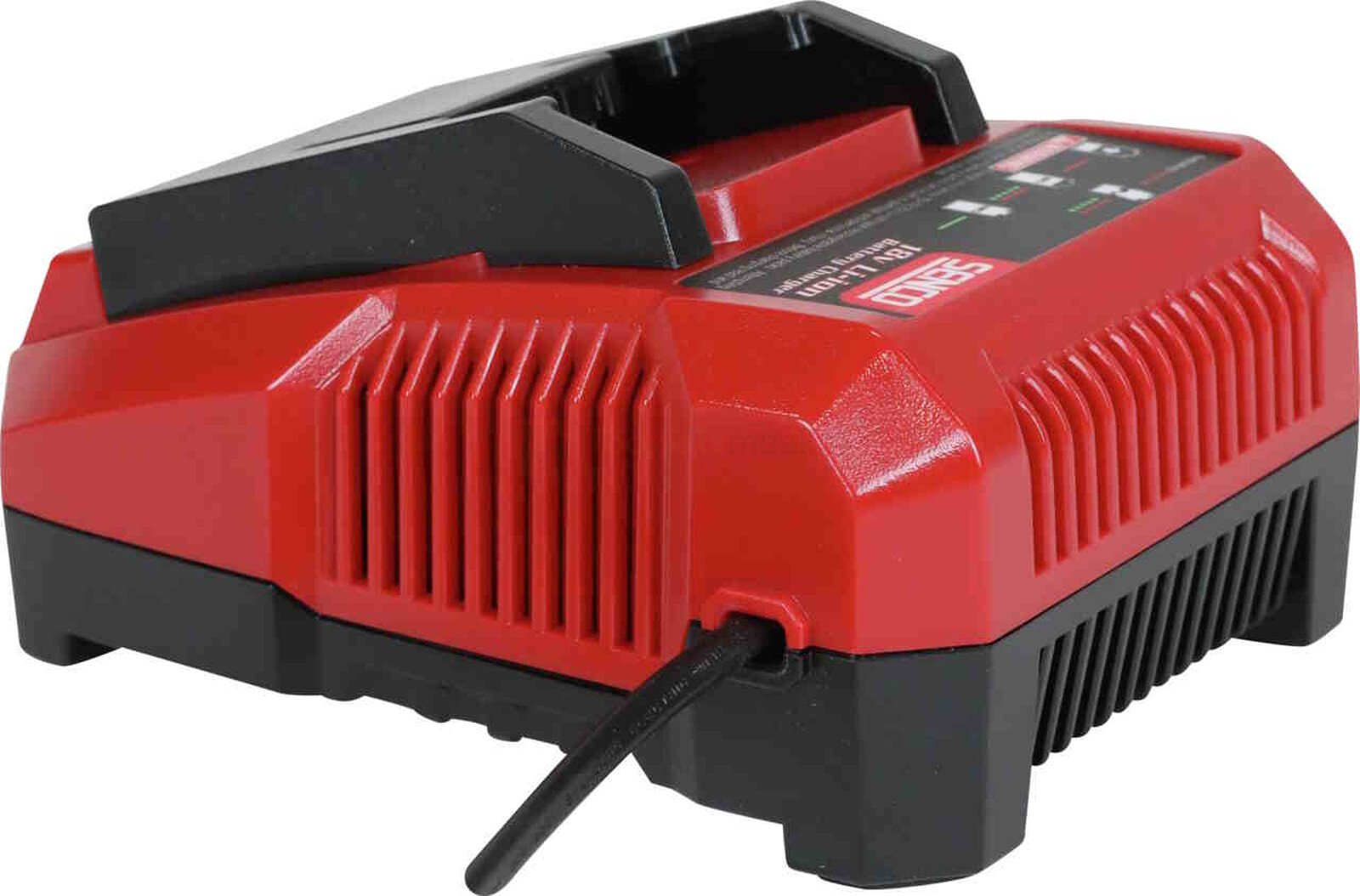 Pildil on punane ja must SENCO akulaadija 18 V Fusion / DuraSpin, millel on peal käepide ja küljel jahutusribid.
