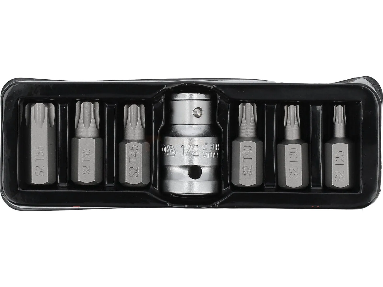 Pildil on Yato kruvikeeraja otsakute komplekt Torx S.T25-T55, mis sisaldab seitset erineva suurusega otsakut ja adapterit.