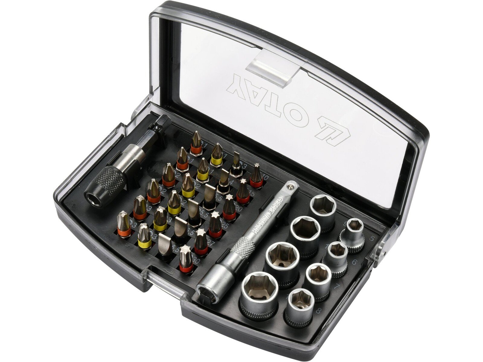 Pildil on avatud YATO 34-osaline otsakute komplekt, mis sisaldab erinevaid otsakuid, sokleid ja käepidemeid.