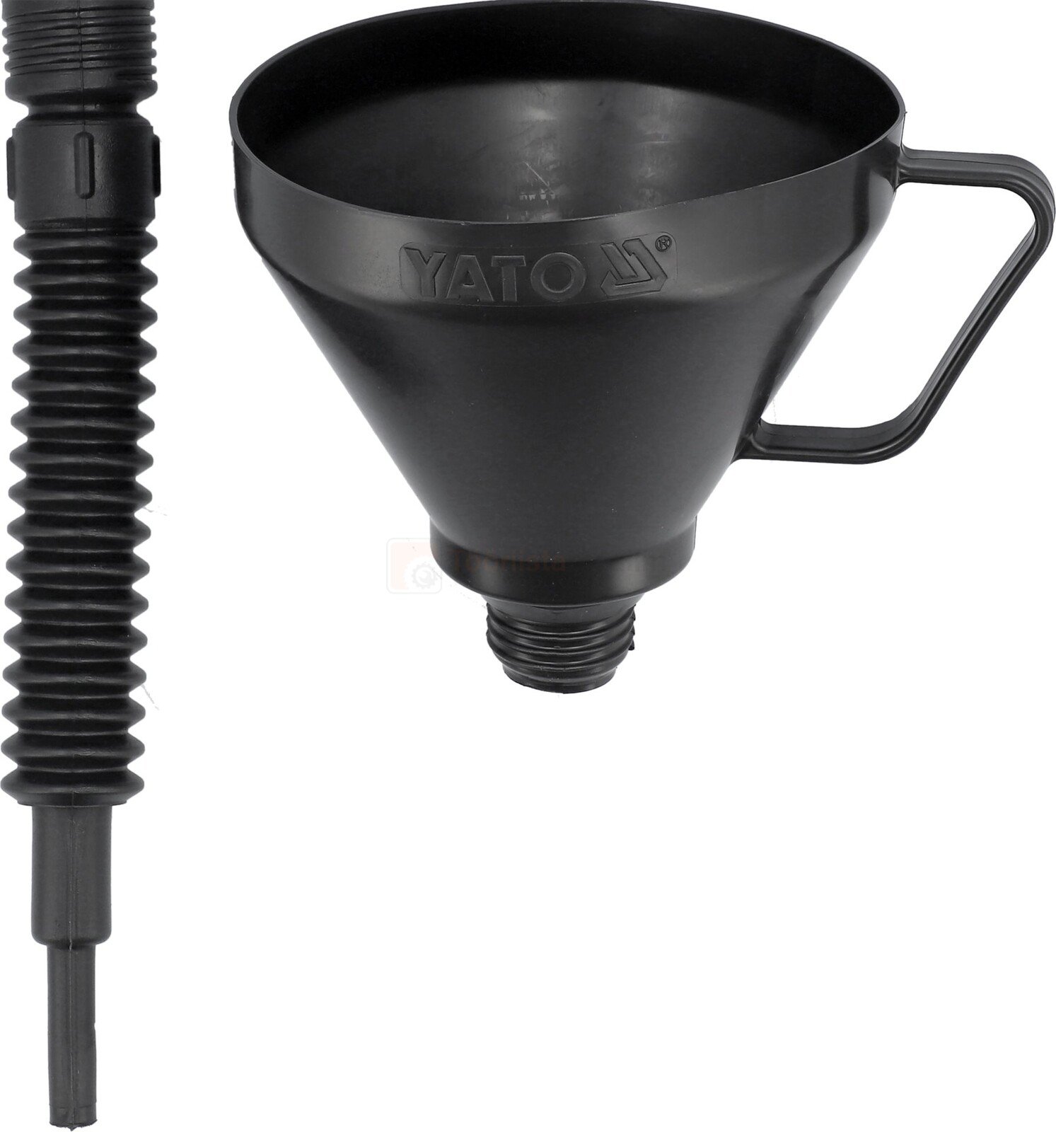 Pildil on must Yato lehtri komplekt, mis sisaldab lehtrit koos käepidemega ja painduvat pikendust.