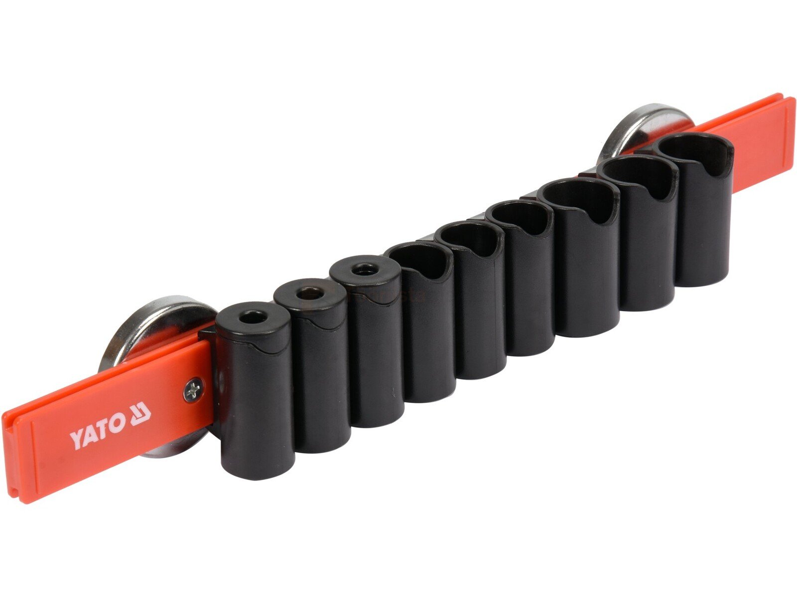 Pildil on YATO magnetiline tangide/kruvitsa hoidik, millel on reas mustad padrunid.