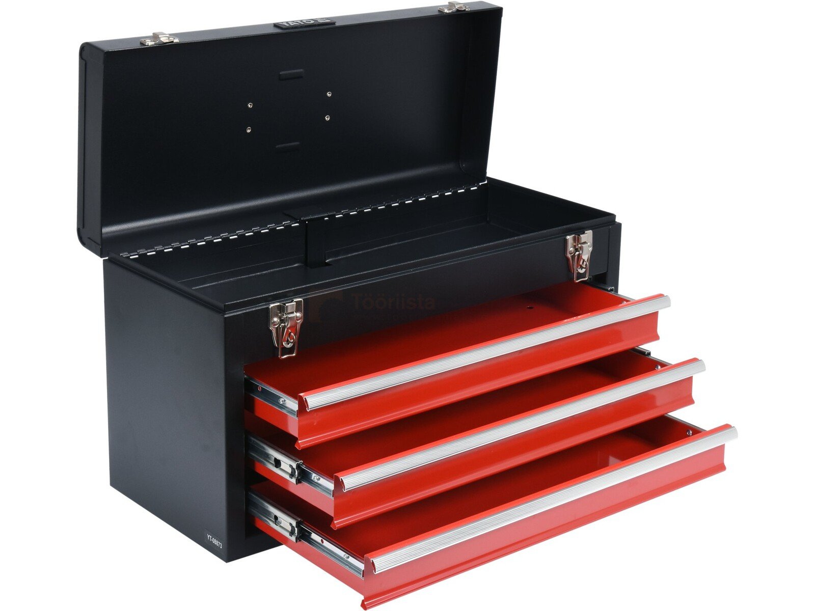 Pildil on must Yato tööriistakast kolme punase sahtliga, mille kaas on avatud.