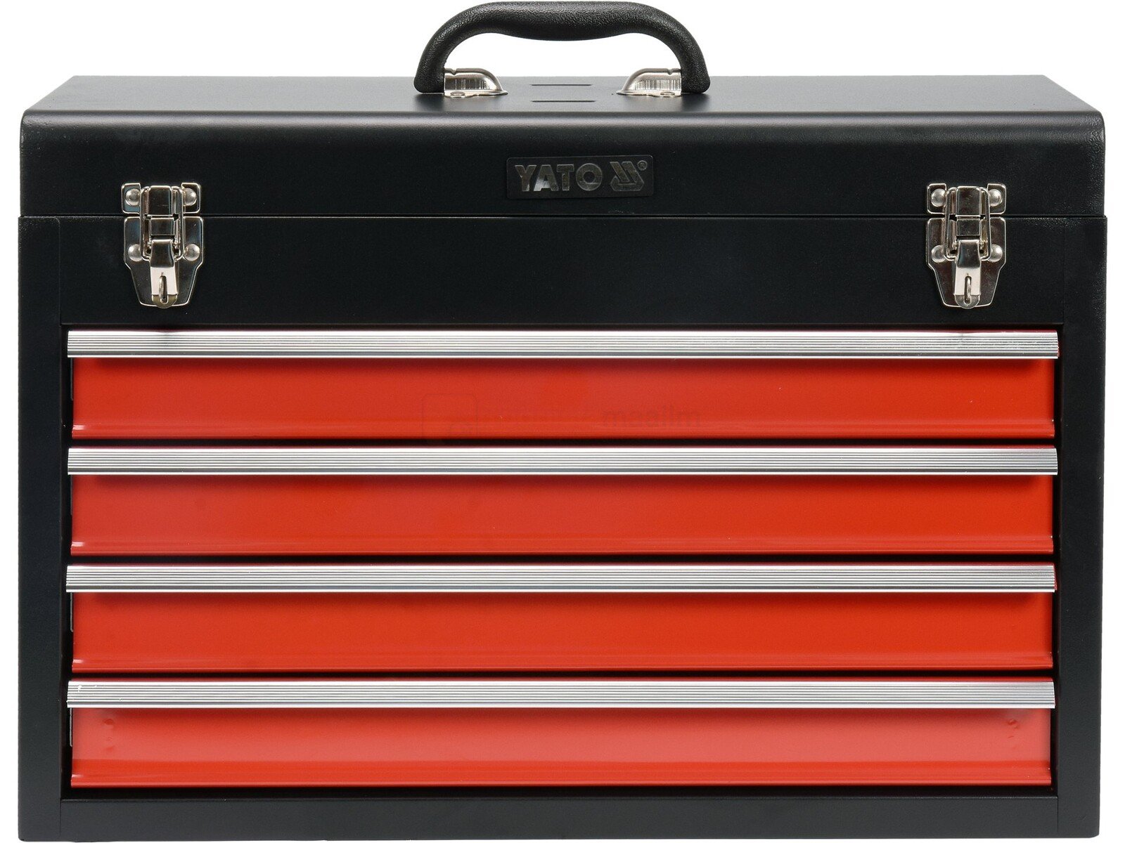 Pildil on musta korpusega YATO tööriistakast, millel on neli punast sahtlit ja peal käepide.