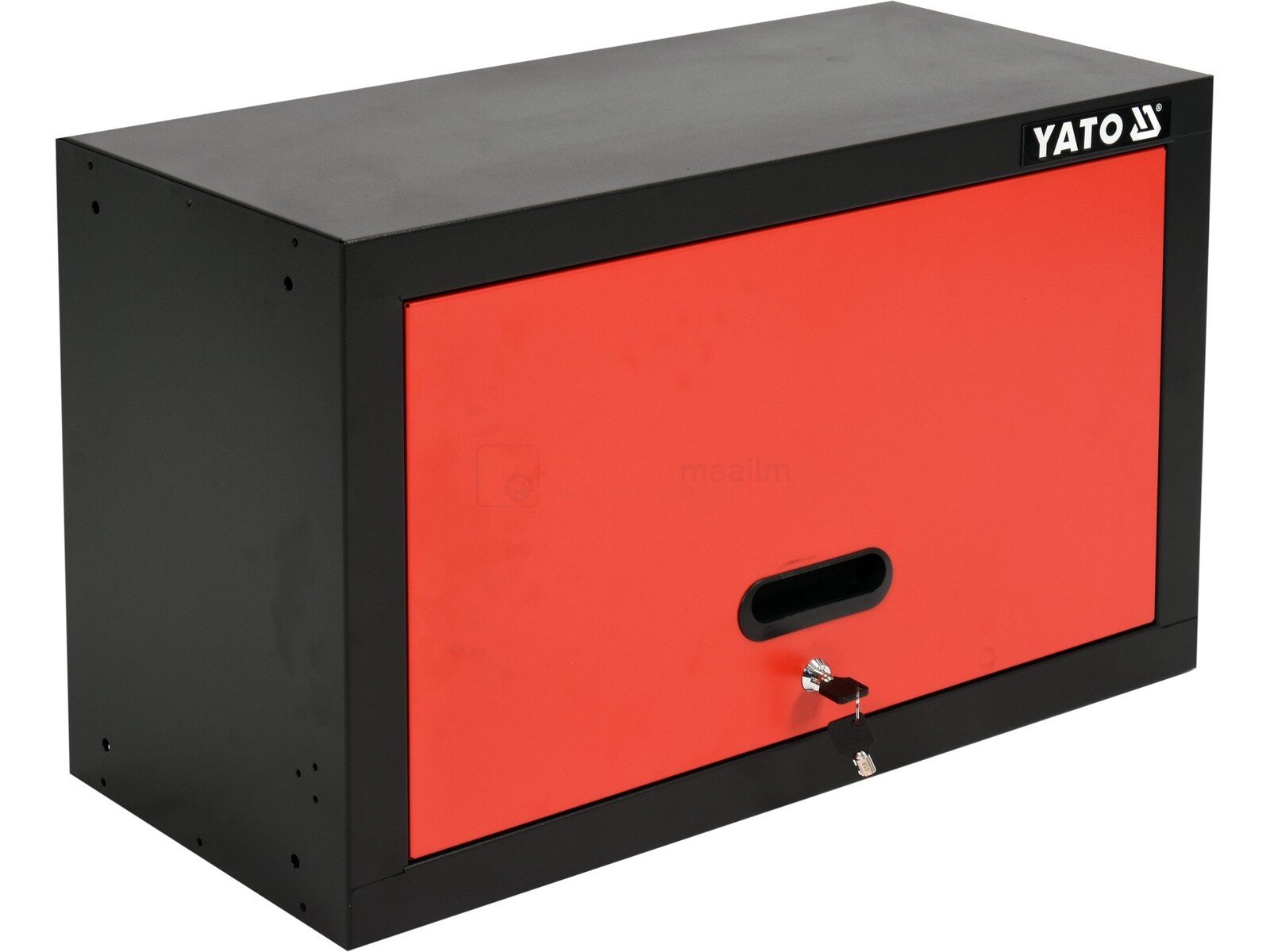 Pildil on musta korpusega ja punase uksega YATO tööriistakapp, mis on mõeldud seinale kinnitamiseks.