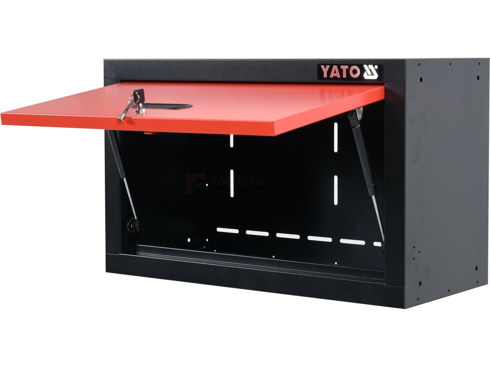 Pildil on avatud punase uksega must Yato tööriistakapp seinale, mille sees on näha riiulid ja kinnitused.