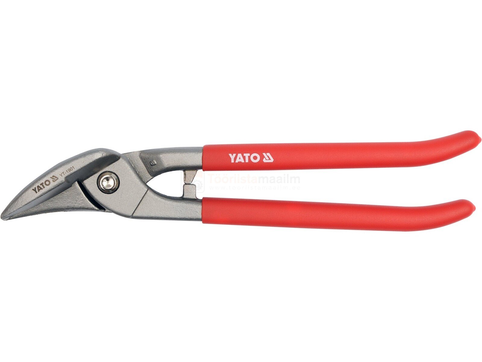 Pildil on punaste käepidemetega YATO plekikäärid, millega saab lõigata paremale.