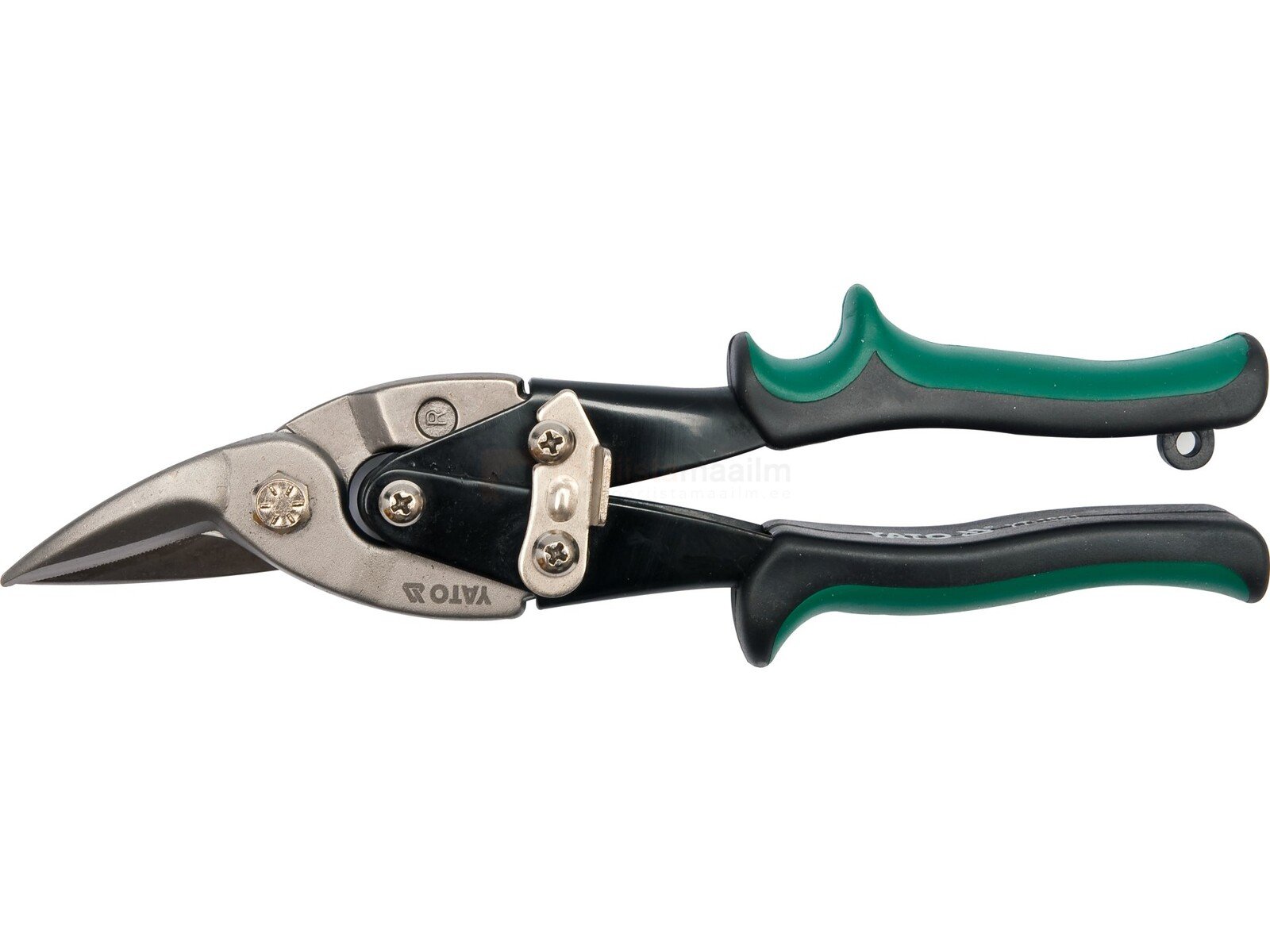 Pildil on näha YATO plekikäärid 250 mm, parem, millel on mustad käepidemed roheliste detailidega.