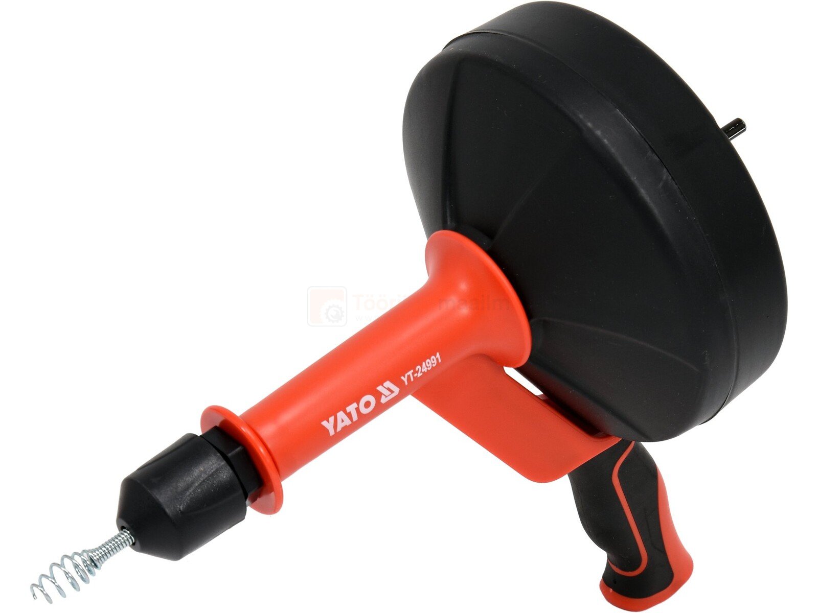 Pildil on Yato markeeritud drenaažikoristaja, millel on punane käepide ja must korpus, mis sisaldab kruvikujulist trossi...