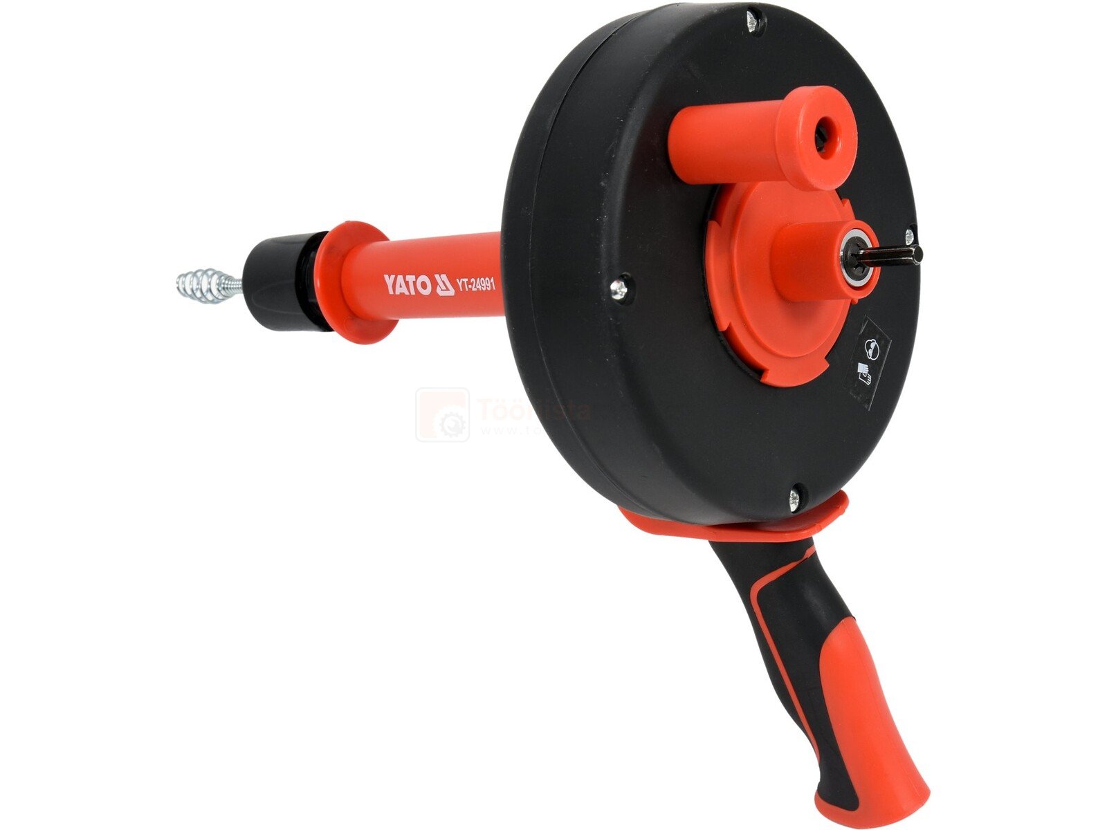 Pildil on musta ja punase värviga Yato drenaaži auger, mis on varustatud 7,6 meetri pikkuse trossiga.