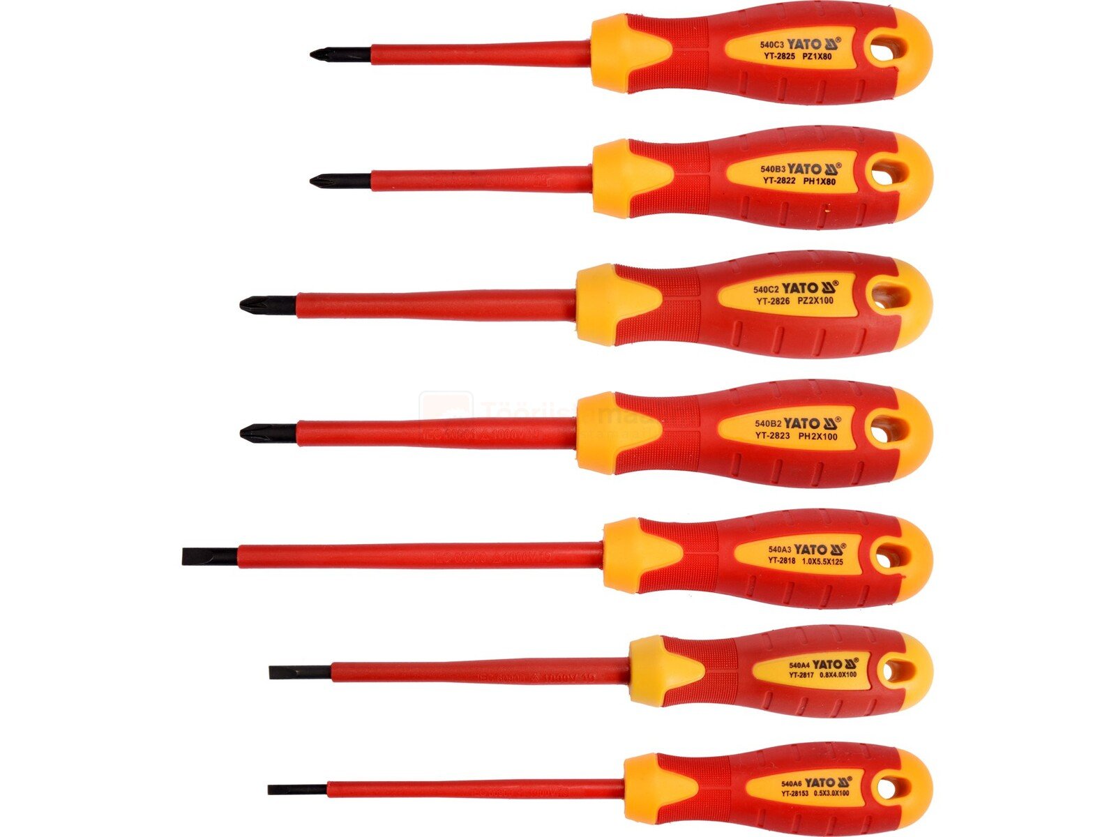 Pildil on Yato 1000V kruvikeerajate komplekt, mis koosneb seitsmest erineva suuruse ja tüübiga kruvikeerajast.
