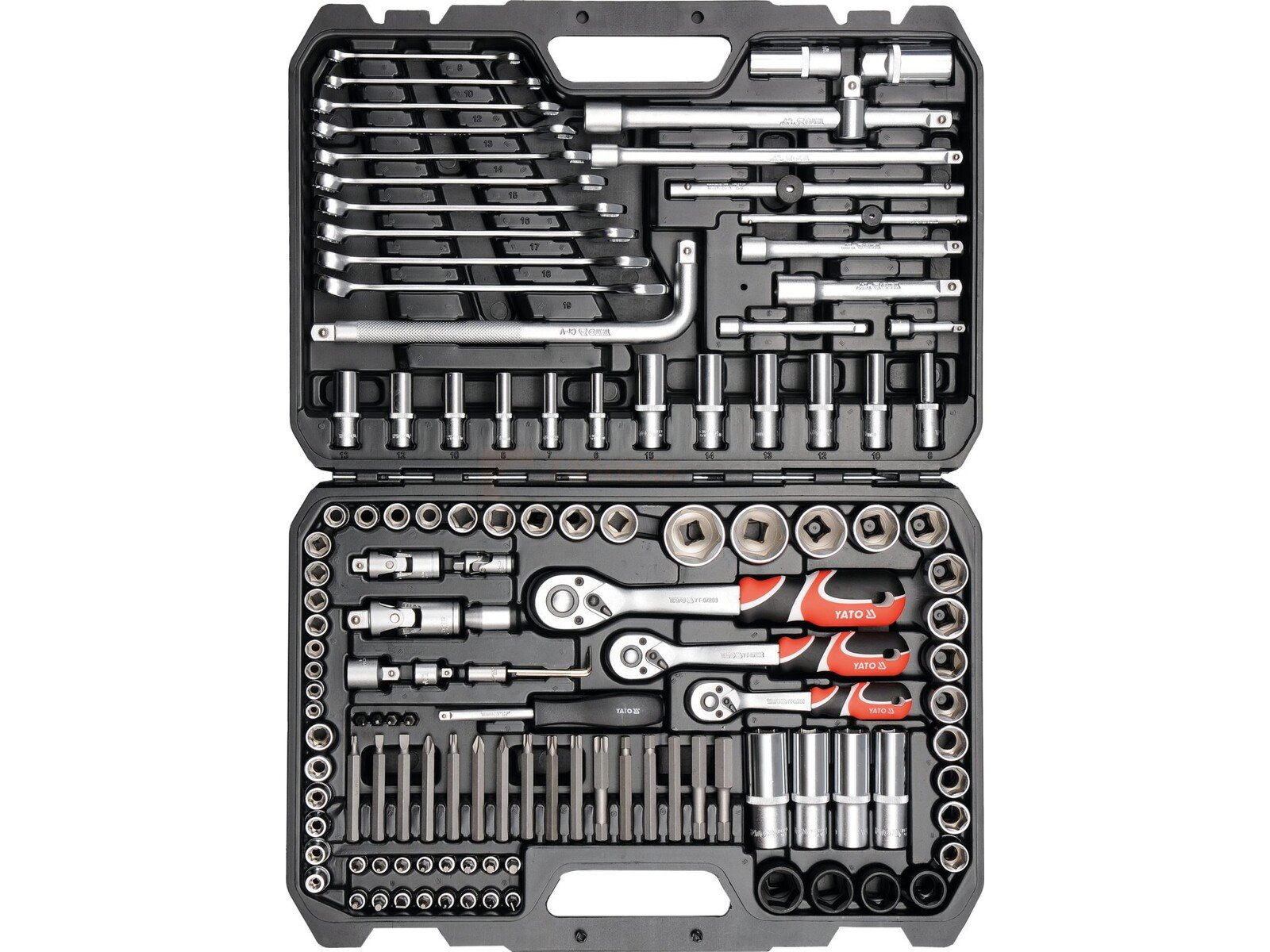 Pildil on avatud Yato 128-osaline tööriistakomplekt, mis sisaldab erinevaid mutrivõtmeid, padrunvõtmeid ja muid tööriistu.