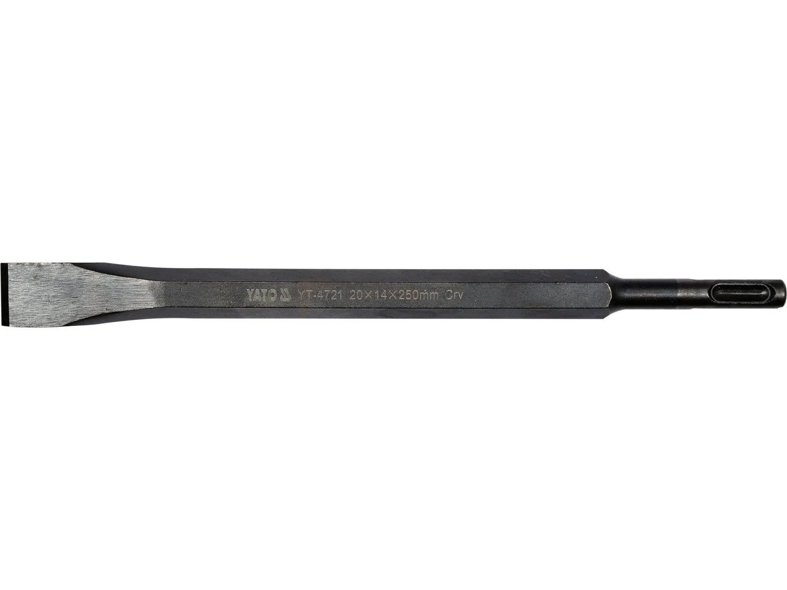 Pildil on Yato FLAT CHISEL SDS PLUS, mis on musta värvi ja millel on lame ots ja SDS Plus kinnitus.