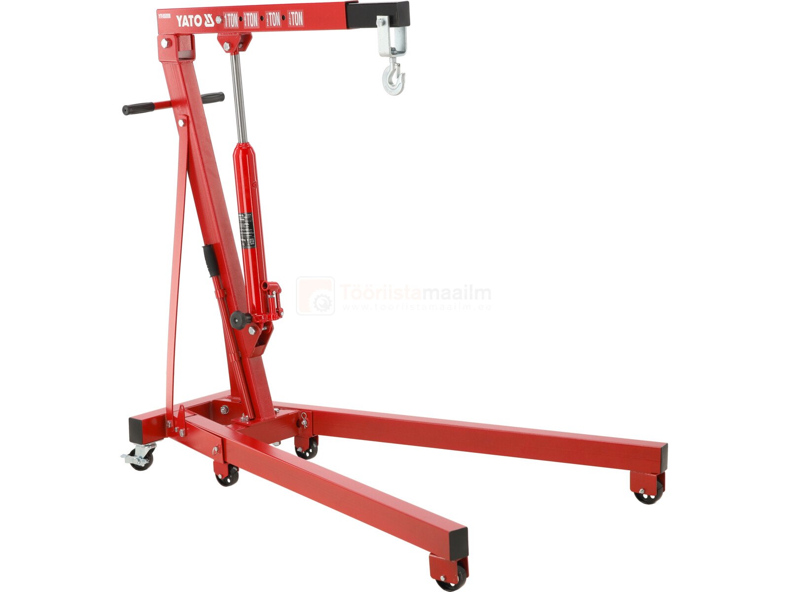Pildil on punane YATO töökoja kraana, millel on konks ja mis on mõeldud kuni 1000 kg raskuste esemete tõstmiseks.
