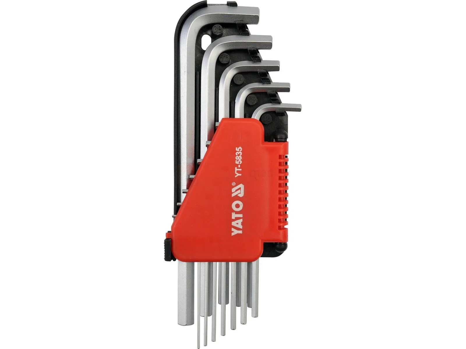 Pildil on Yato HEX KEY SET 12PCS, mis koosneb erineva suurusega kuuskantvõtmetest, mis on paigutatud punasesse hoidikusse.