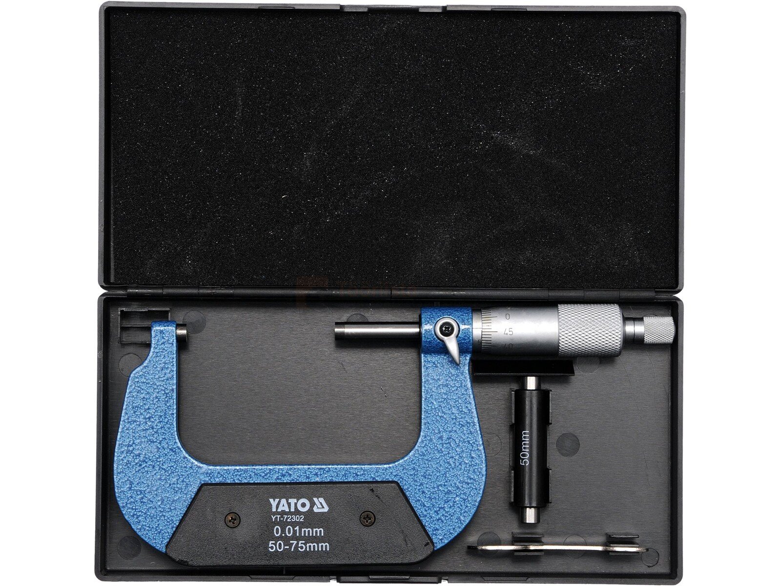 Pildil on YATO mikromeeter, mis on karbis ja mõõtevahemikuga 50-75 mm ning täpsusega 0,01 mm.