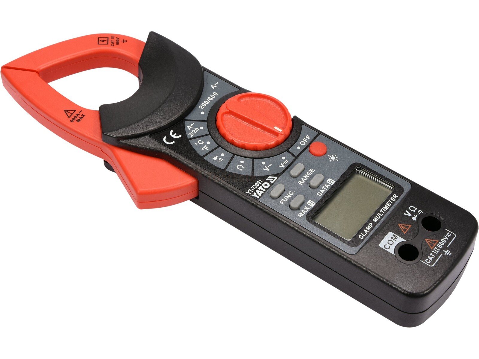 Pildil on Yato ampertangid, millel on punane käepide ja must korpus, näidates mõõtmisvõimalusi alates 0-600 V ja 0-600 A...