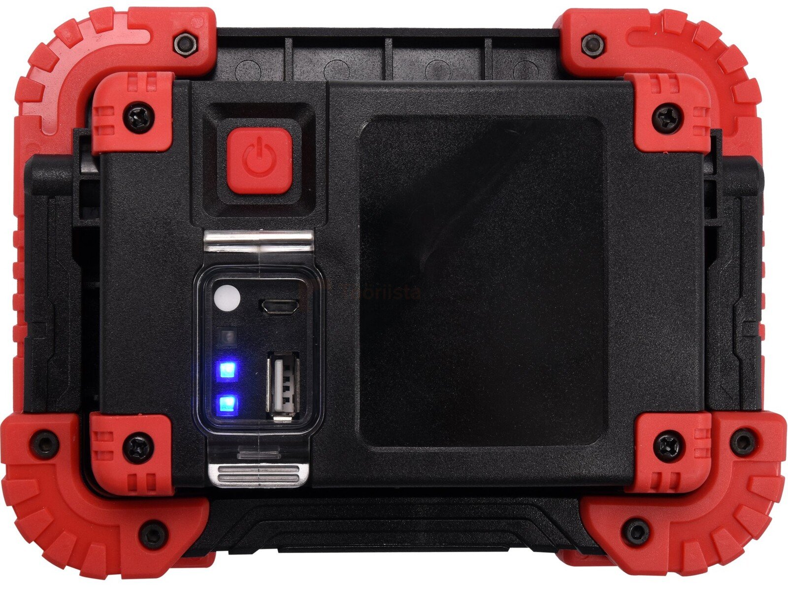 Pildil on näha YATO töövalgusti, millel on punase ja musta värvi korpus, sisse-välja nupp, laadimispesa, USB-port ja aku...