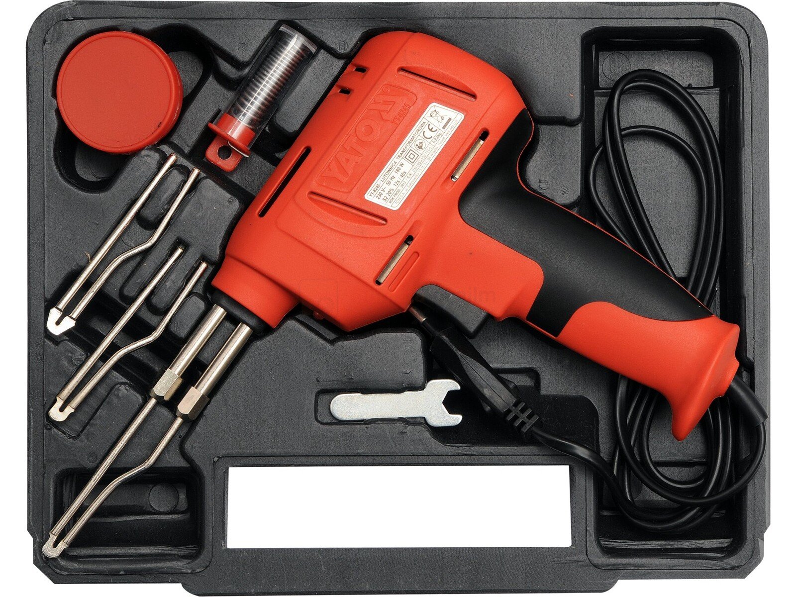 Pildil on Yato 180W jootepüstol koos erinevate otsikute, jootetina ja tarvikutega mustas kohvris.