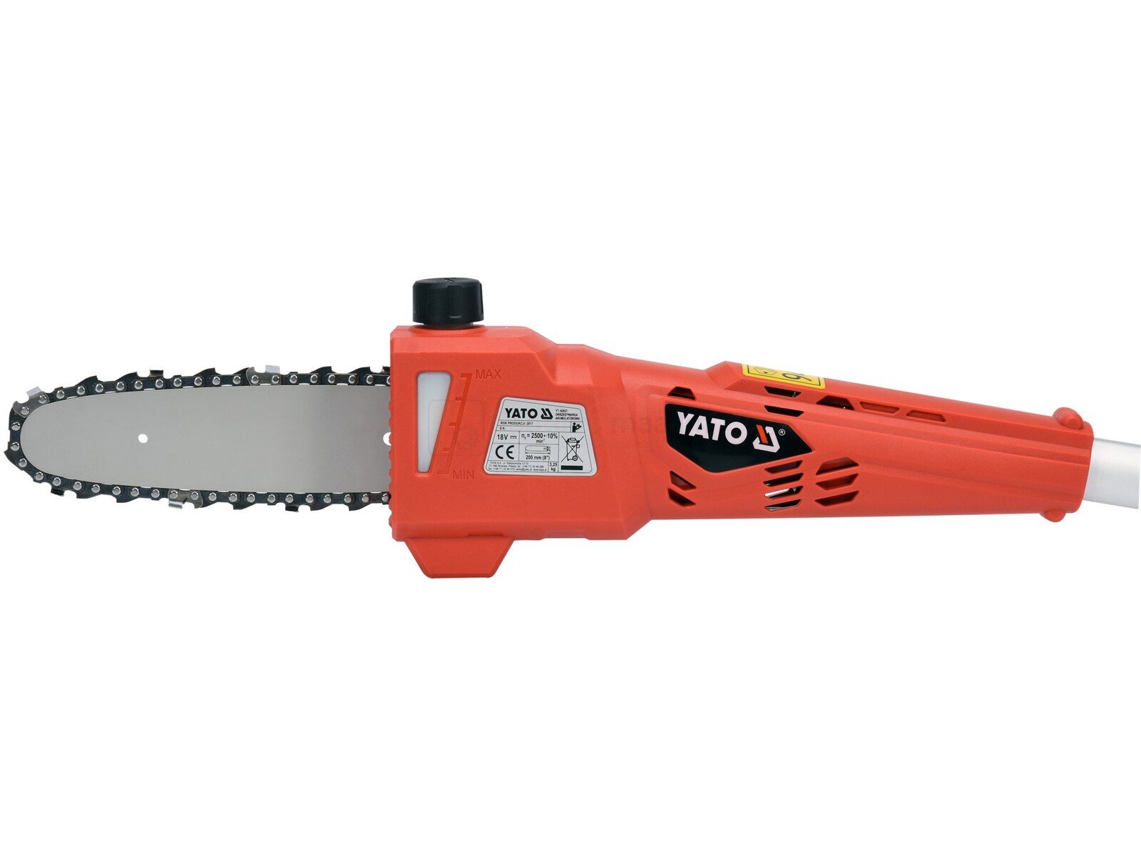Pildil on punane YATO akuga teleskoop-oksasaag, millel on saekett ja käepide.
