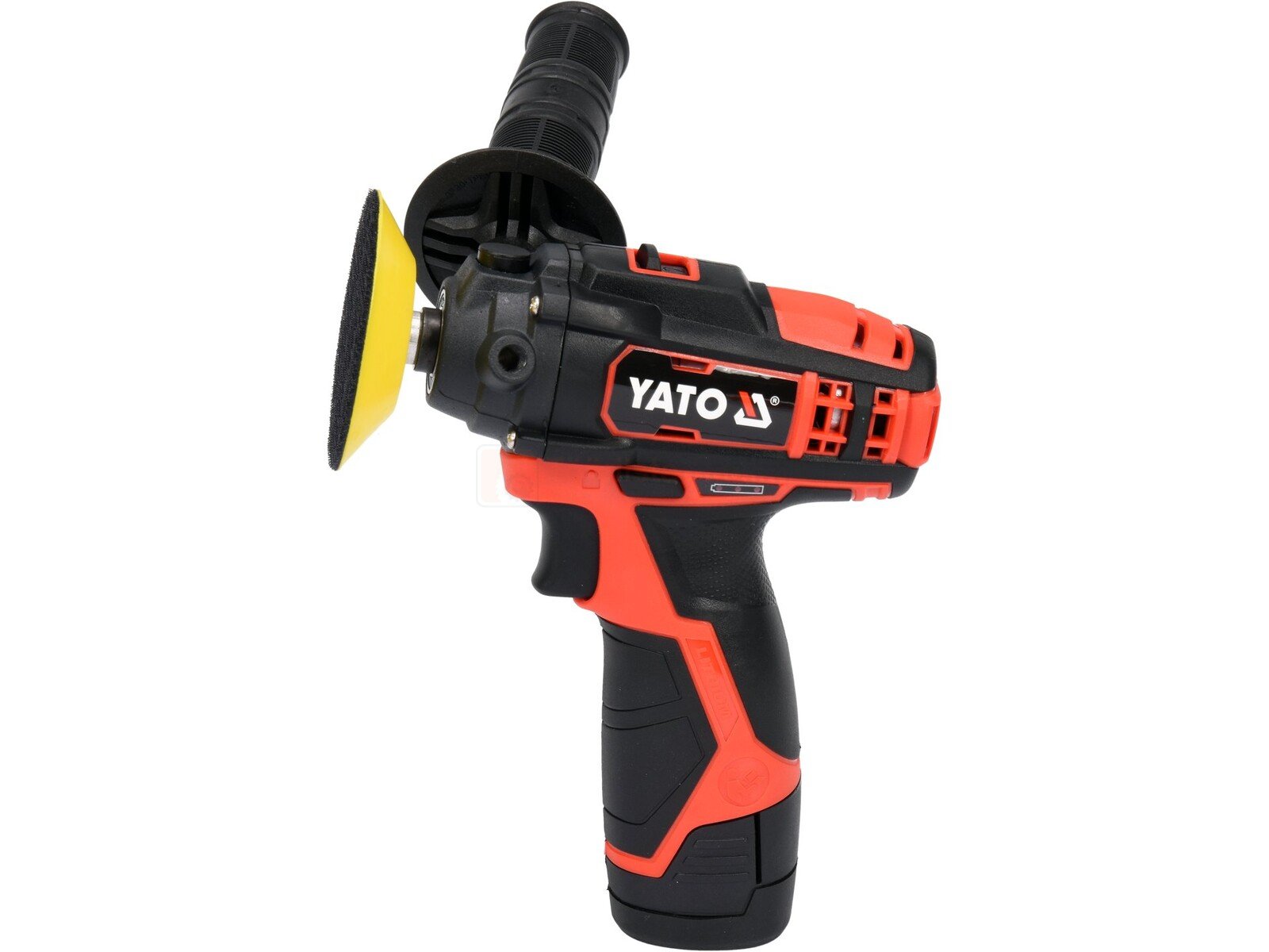 Pildil on Yato kaubamärgi 12V 80mm 2 kiirusega poleerija, millel on käepide ja poleerimispad.