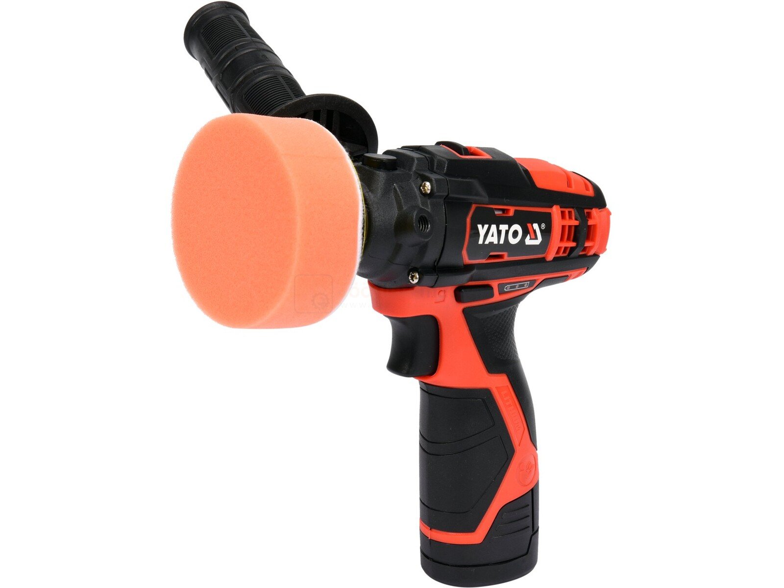 Pildil on Yato 12V 80mm 2-kiiruseline poleerija, mille küljes on oranž poleerimiskäsn ja lisakäepide.