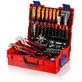 Pildil on avatud punane KNIPEX L-BOXX® torumeestele mõeldud tööriistakohver, mis sisaldab erinevaid tööriistu, nagu...
