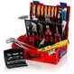 Pildil on avatud punane Knipex L-BOXX® torumeestele tööriistakohver, mis sisaldab erinevaid tööriistu nagu tangid...