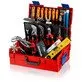 Pildil on avatud punane Knipex L-BOXX® torumeestele tööriistakohver, mis sisaldab erinevaid tööriistu, nagu tangid...