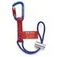 Pildil on Knipex fikseeritud karabiiniga adapter-tööriistarihm, millel on punane rihm, sinine karabiin ja sinine nöör...