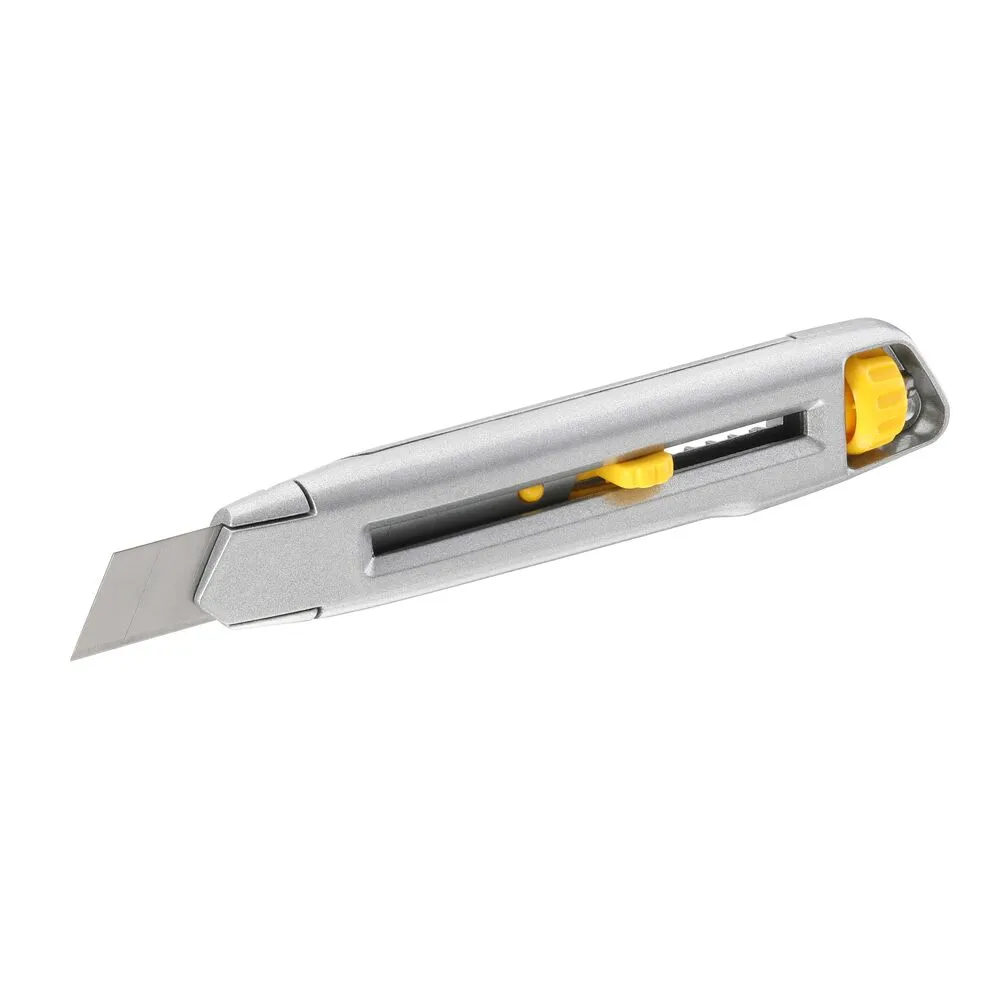 Pildil on näha Stanley murtava teraga nuga Interlock 18 mm, millel on metallist korpus ja kollane terajuhik.