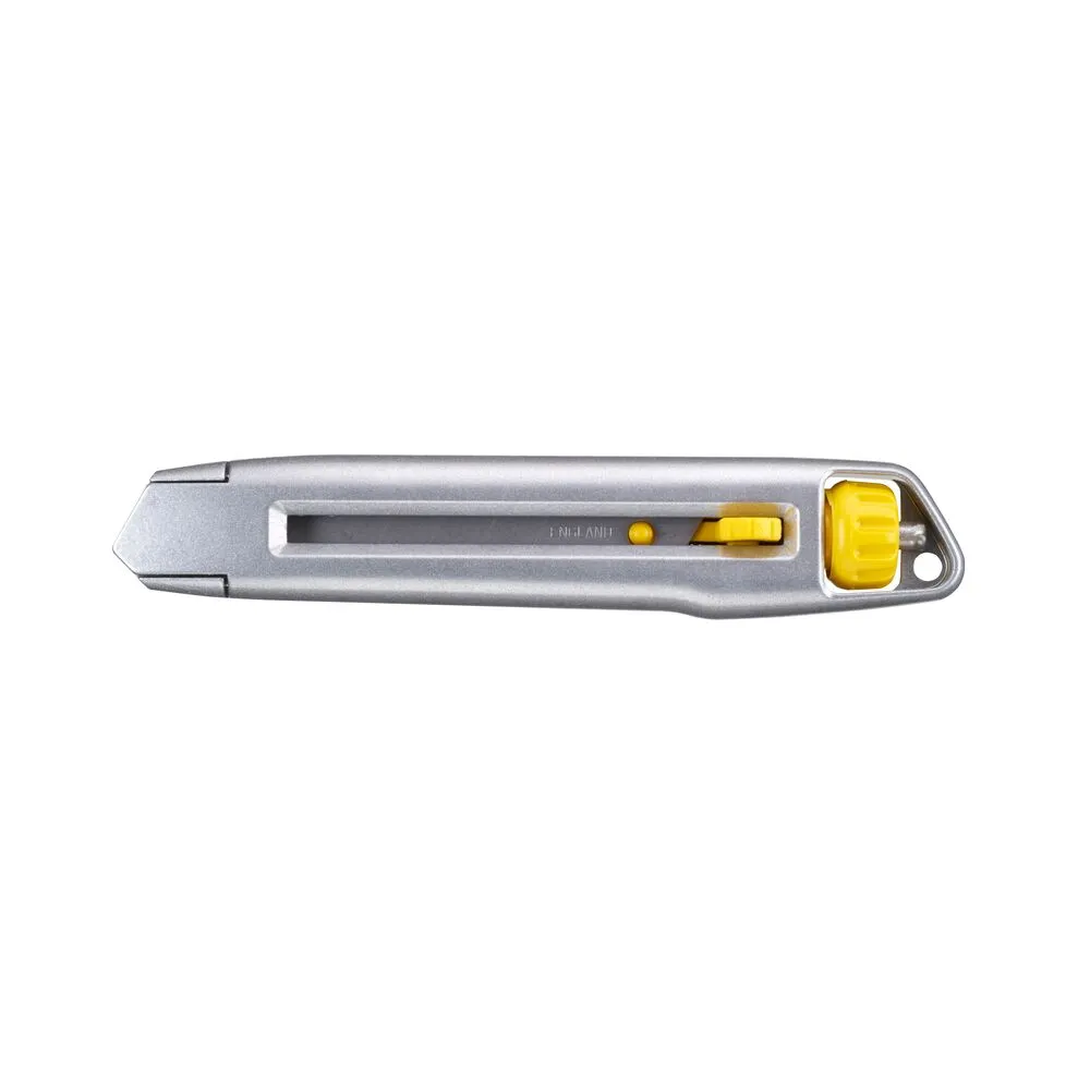 Pildil on kujutatud Stanley murtava teraga nuga Interlock 18 mm, millel on hall metallkorpus ja kollane nupp.