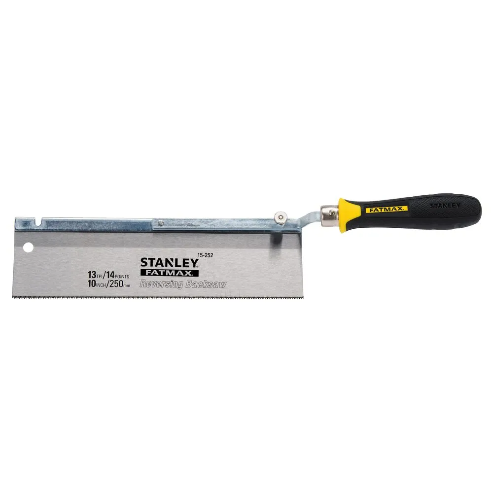 Pildil on näha Stanley Fatmax 15-252 reversing backsaw, mille teral on kirjas 13 TPI / 14 POINTS ja 10 INCH / 250mm.