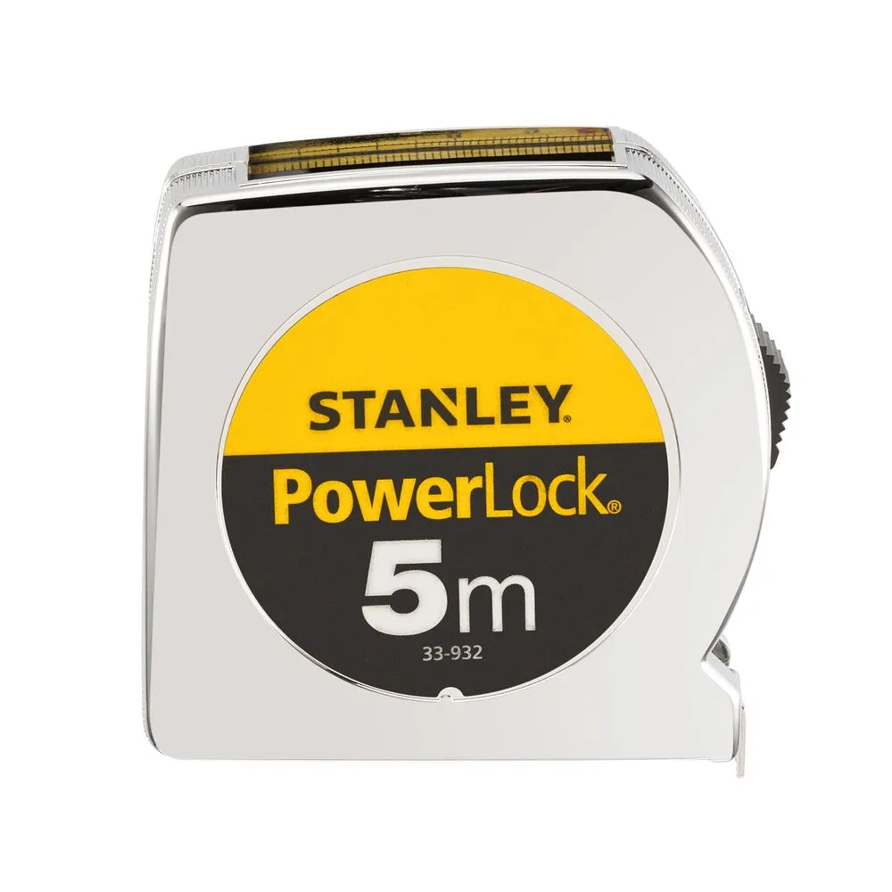 Pildil on detailne vaade Stanley PowerLock 5 m x 19 mm mõõdulindile koos näiduavaga, mis on asetatud valgele taustale.