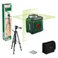 Pildil on kujutatud Bosch ristjoonlaser UniversalLevel 360 koos statiivi, patareide ja hoiukotiga.