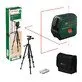 Pildil on Bosch ristjoonlaser UniversalLevel 2 koos statiivi, patareide ja kandekotiga, mis on pakitud karpi.