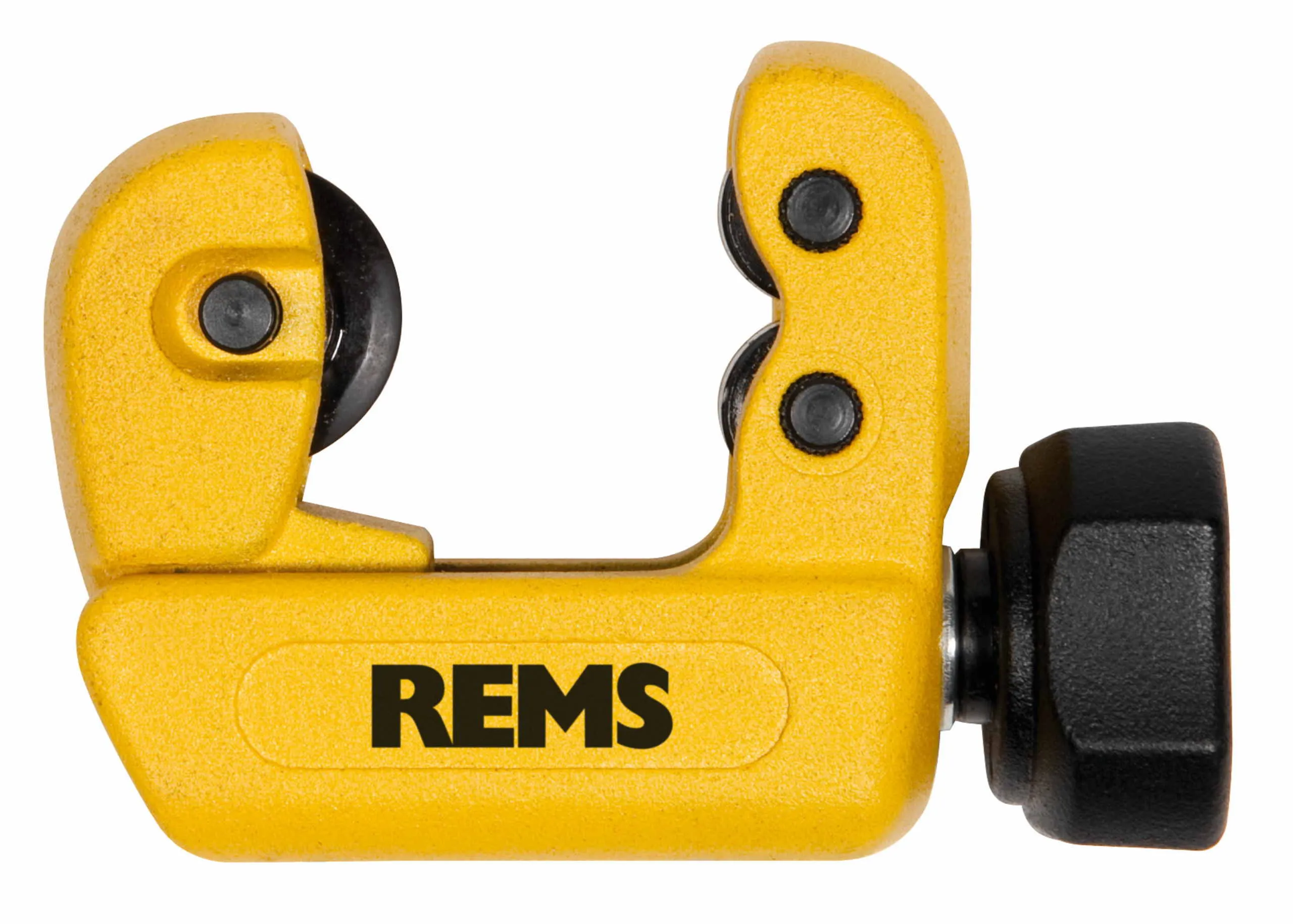 Pildil on kollane REMS RAS Cu-INOX 3–28 Mini torulõikur, millega saab lõigata torusid.