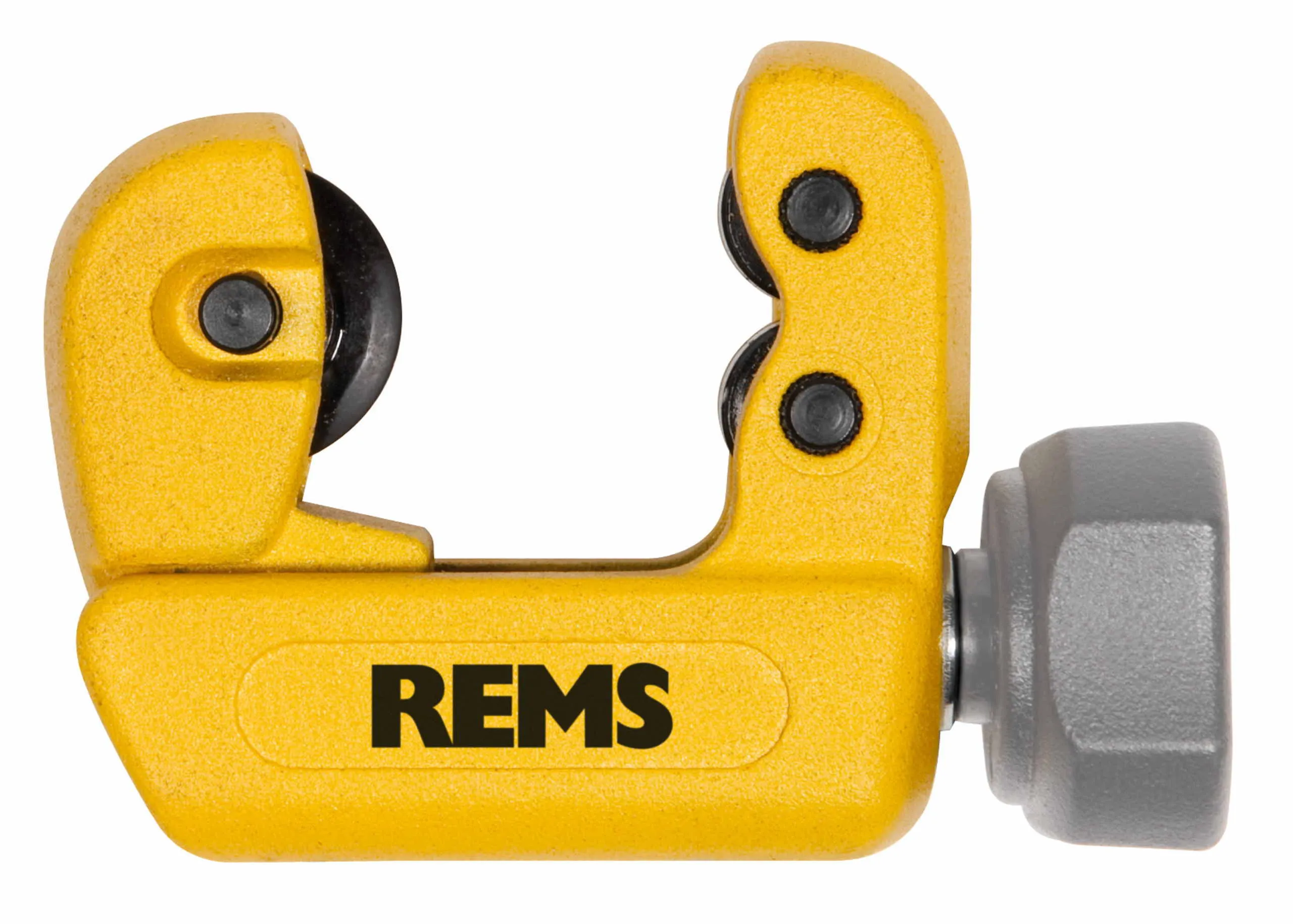 Pildil on kollane REMS RAS Cu-INOX 3–28 S Mini torulõikur, millega saab lõigata torusid.