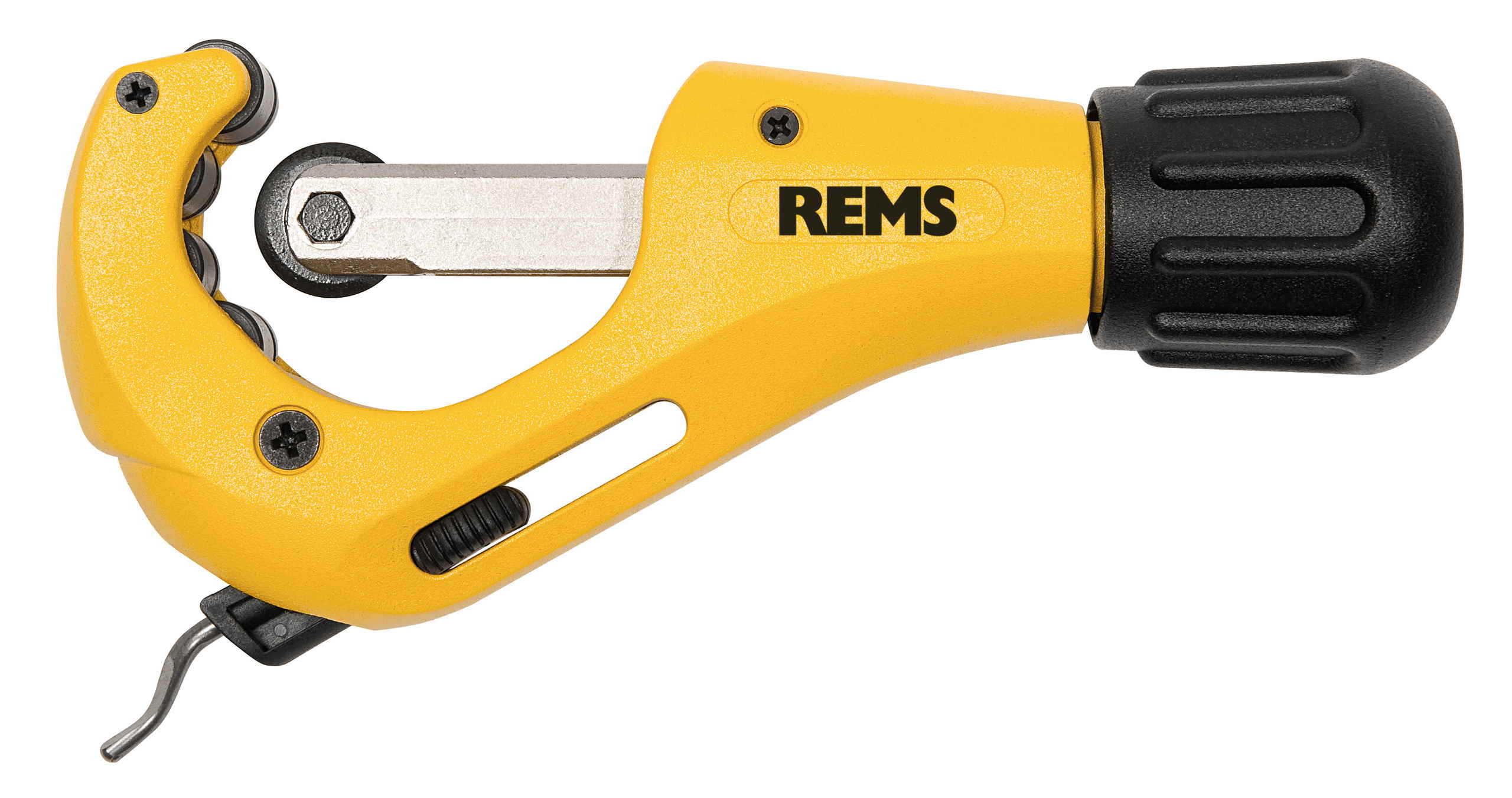 Pildil on kollane REMS RAS Cu-INOX 3-42 torulõikur, millega saab lõigata torusid.