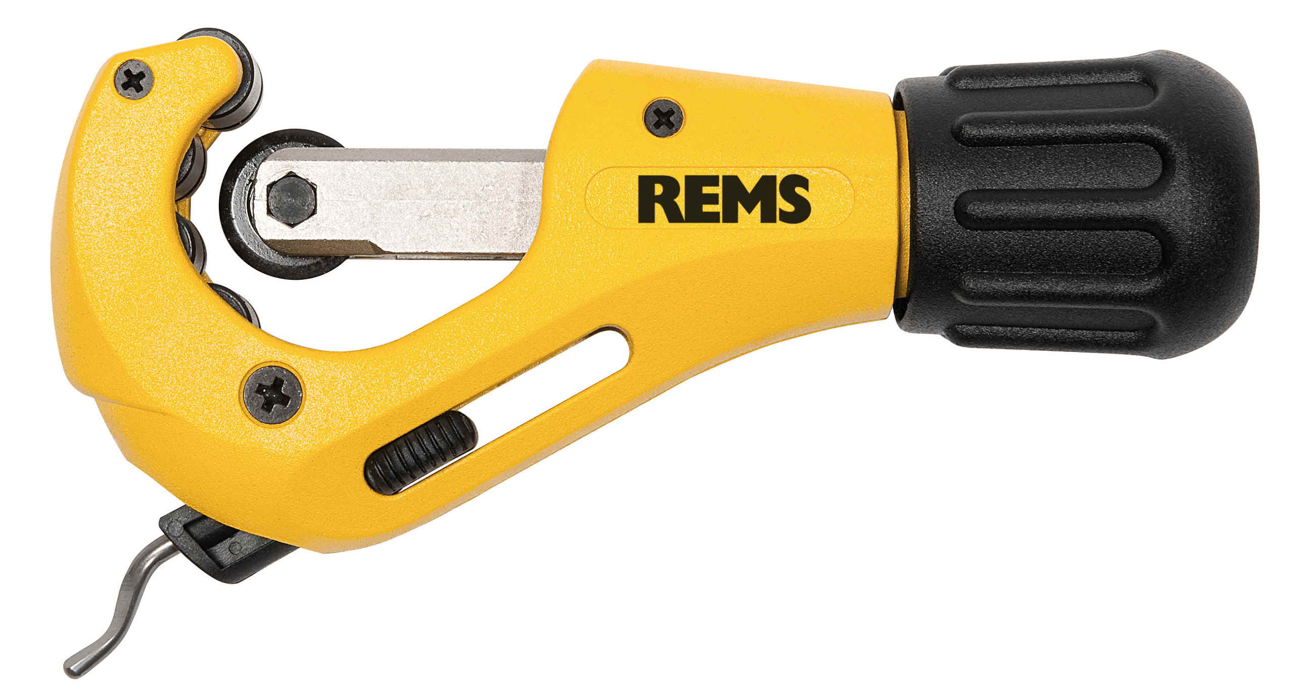 Pildil on kollane REMS RAS Cu-INOX 3-35 torulõikur, millega saab lõigata torusid.