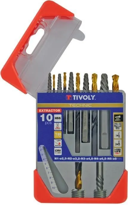 Tivoly stud extractor set 10 pcs, M3-M18 + drills