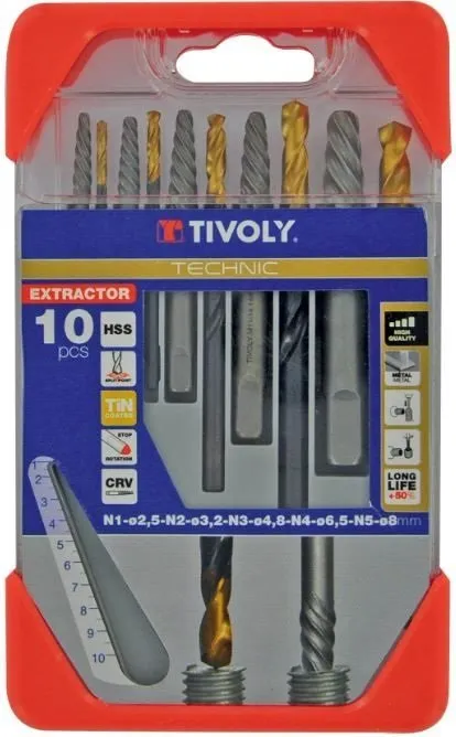 Tivoly stud extractor set 10 pcs, M3-M18 + drills